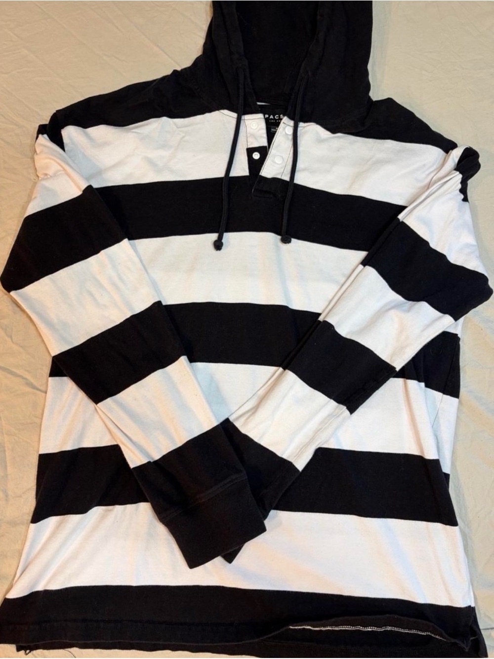 PacSun Black and White Striped Hooded Rugby Pullover